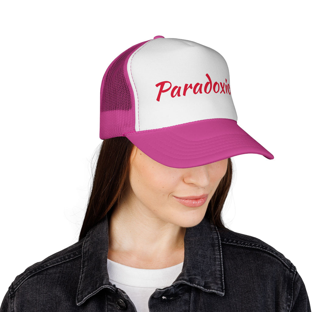 Paradoxical Pink Trucker Hat – Retro Script Logo Cap for Bold, Playful Style