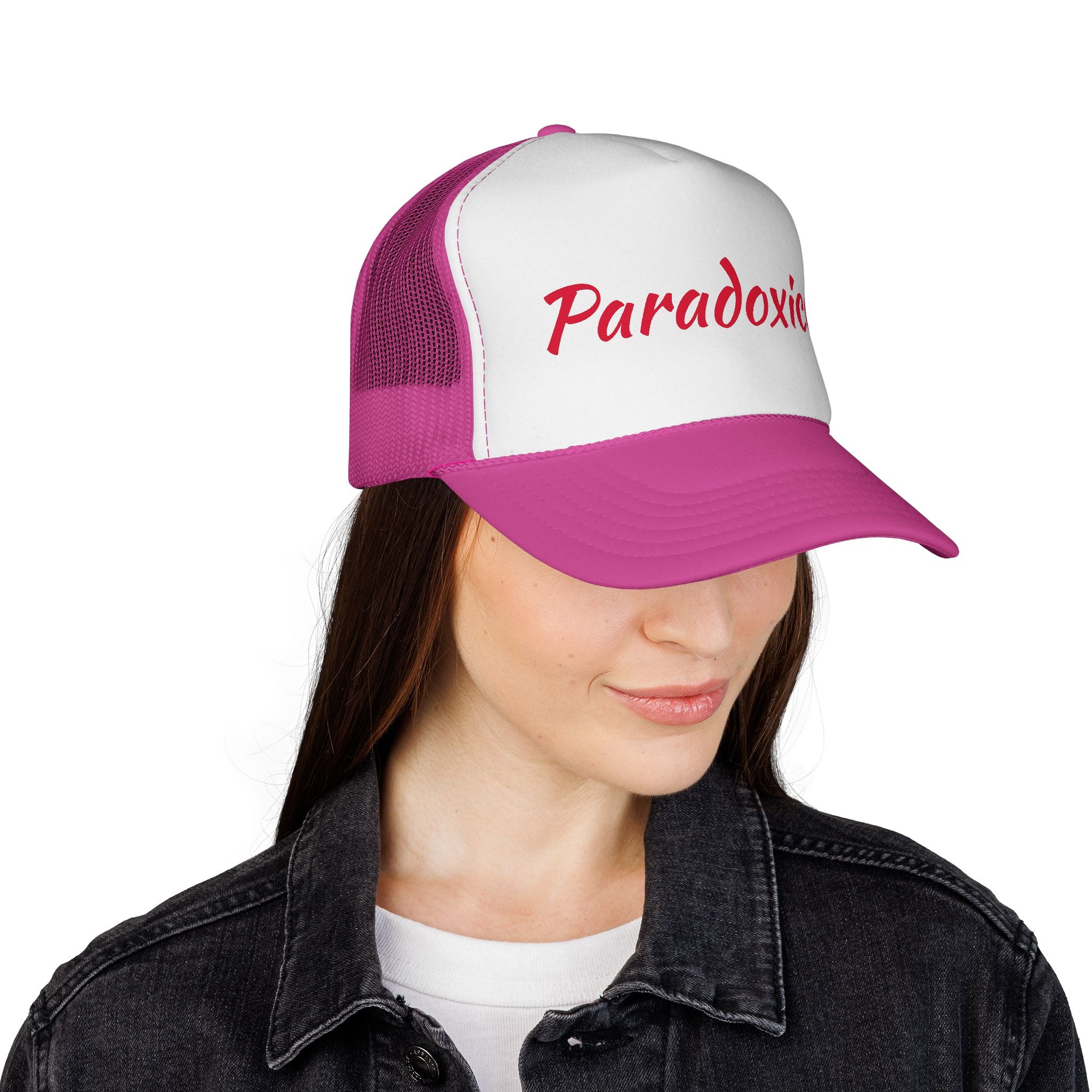 Paradoxical Pink Trucker Hat – Retro Script Logo Cap for Bold, Playful Style
