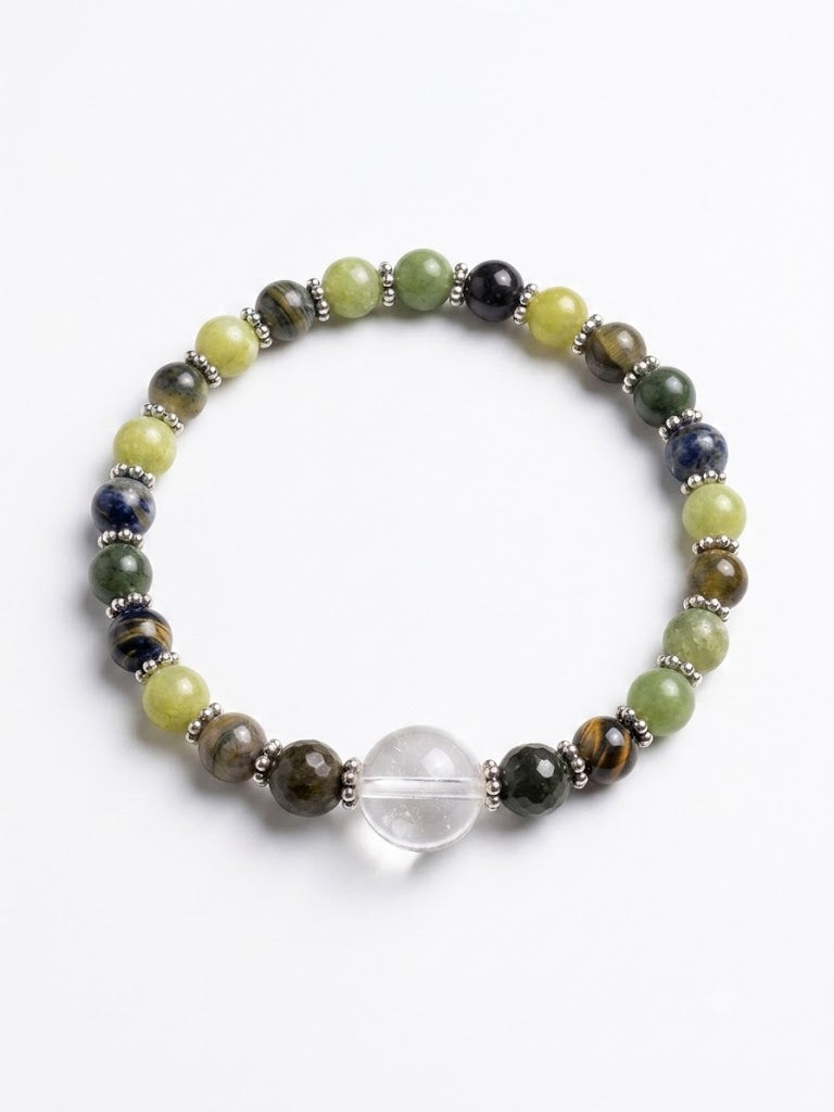 Serene Strength- Blue Tigers Eye, Jade, + Energy-Amplifying Quartz