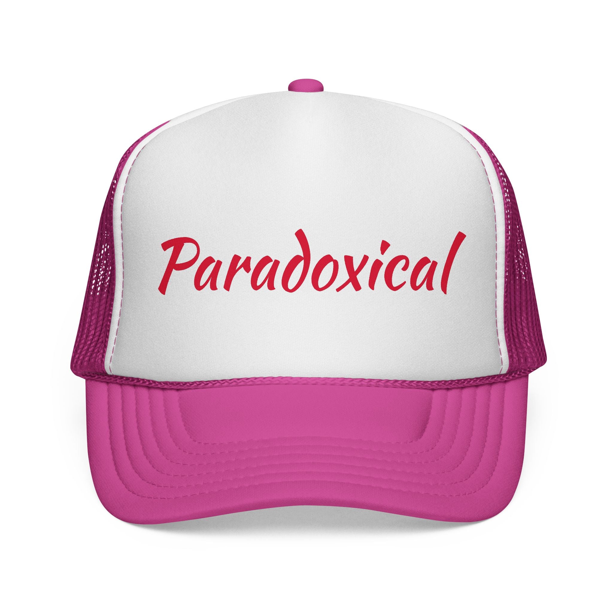 Paradoxical Pink Trucker Hat – Retro Script Logo Cap for Bold, Playful Style