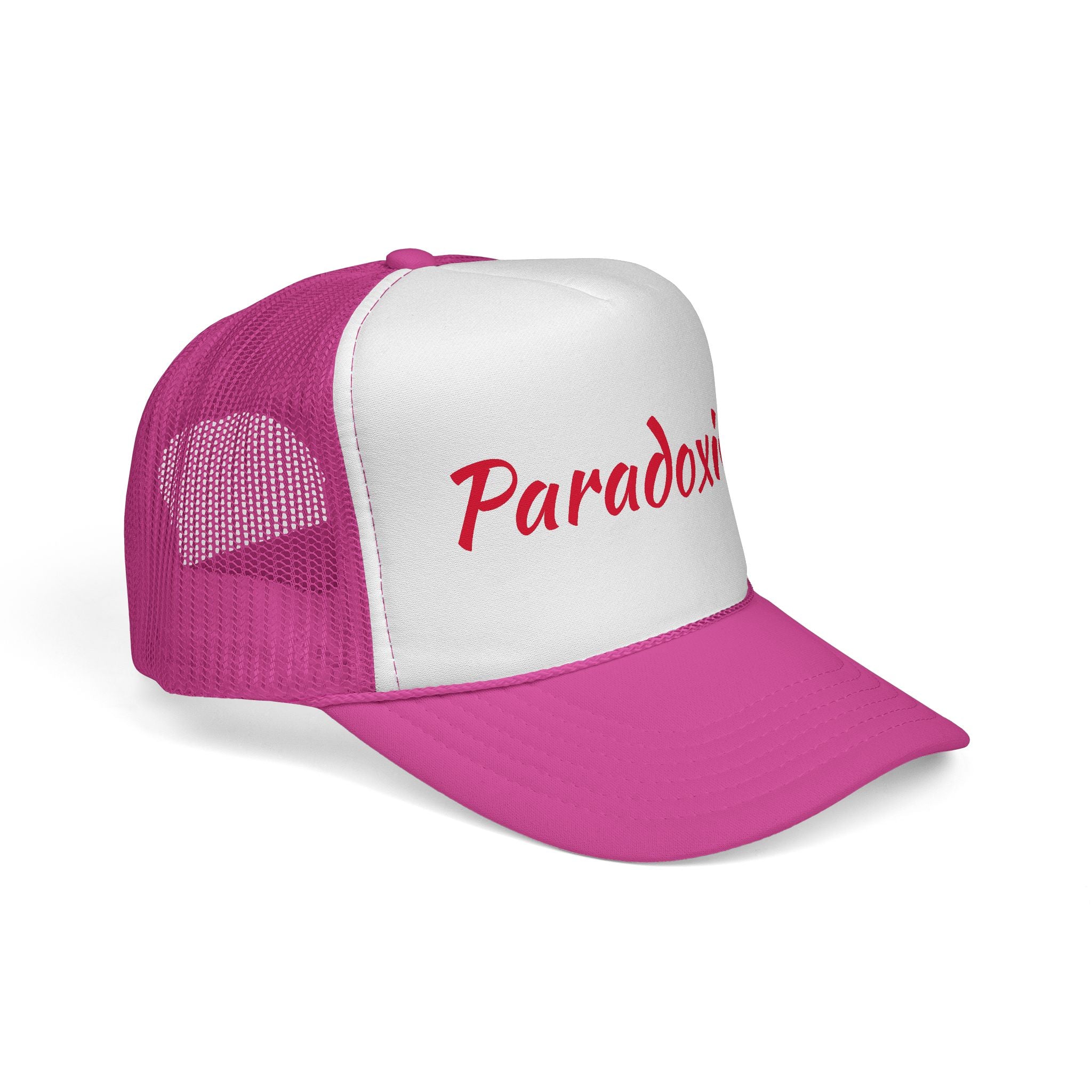 Paradoxical Pink Trucker Hat – Retro Script Logo Cap for Bold, Playful Style