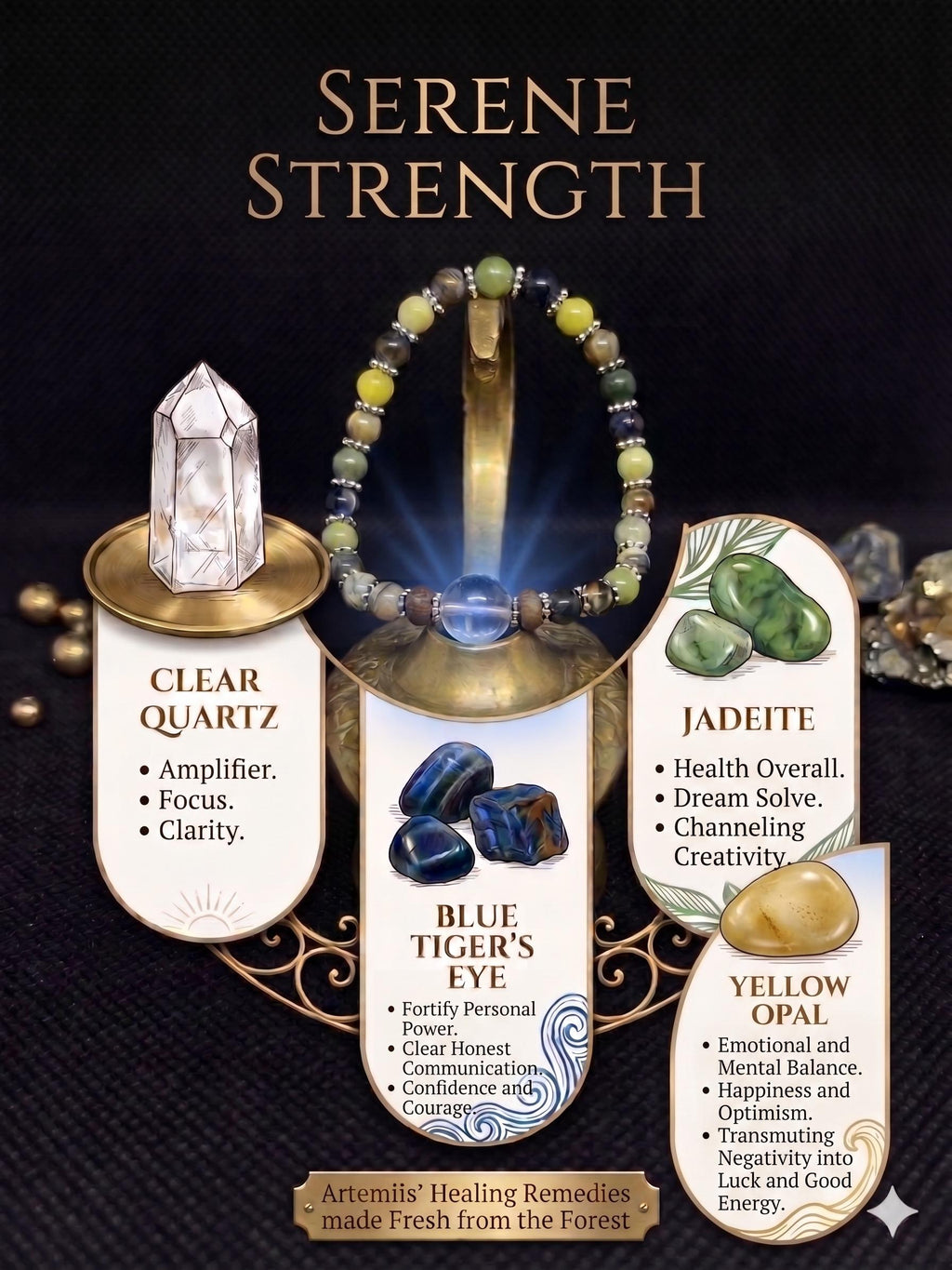 Serene Strength- Blue Tigers Eye, Jade, + Energy-Amplifying Quartz