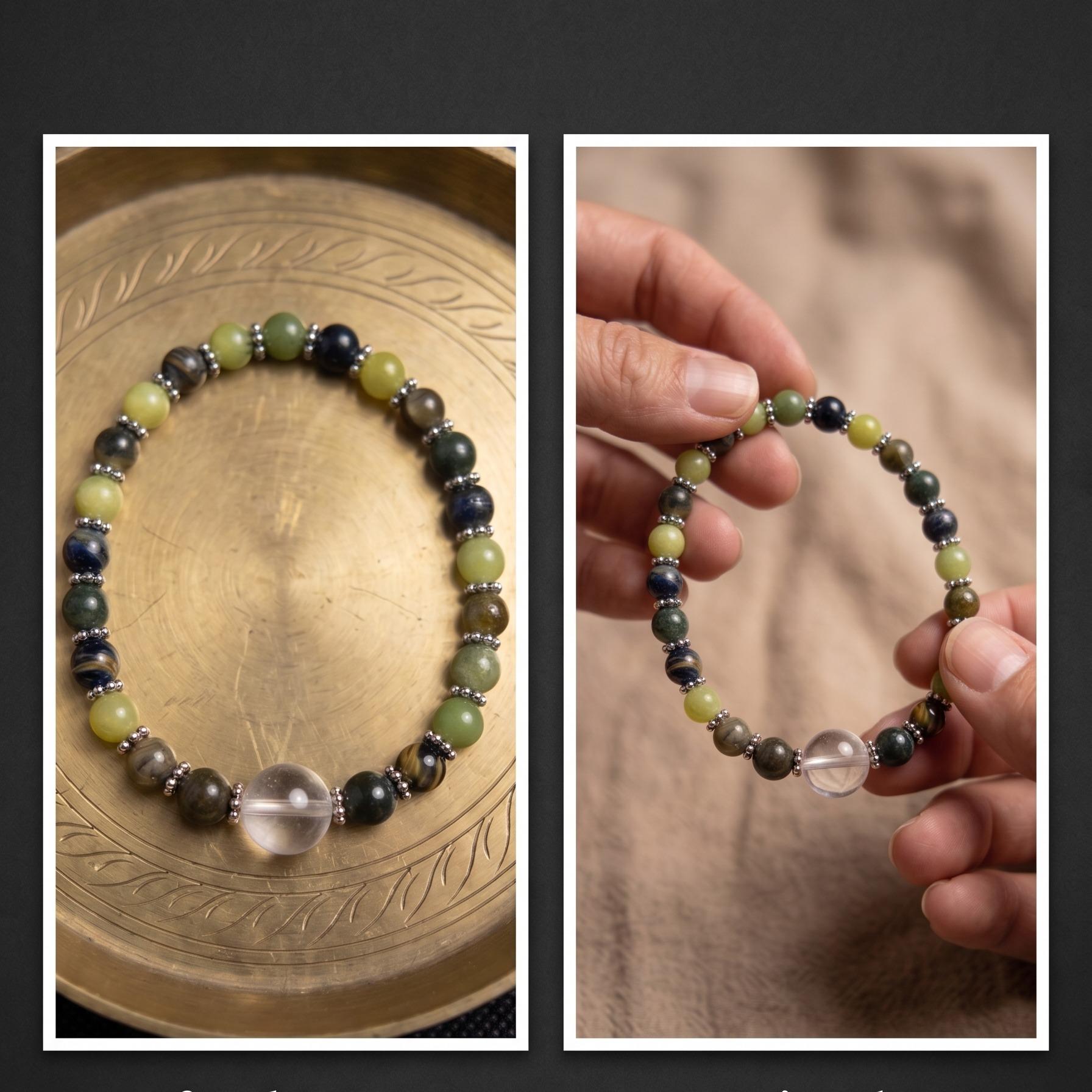 Serene Strength- Blue Tigers Eye, Jade, + Energy-Amplifying Quartz